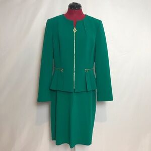 Tahari ASL Skirt Suit Women Size 10 Green 2-Piece Set Blazer & Skirt Gold Accent